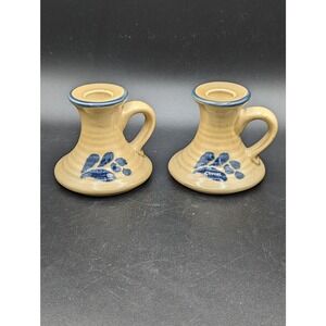 Pfaltzgraff Candlestick Holders Set of 2 Folk Art Brown & Blue